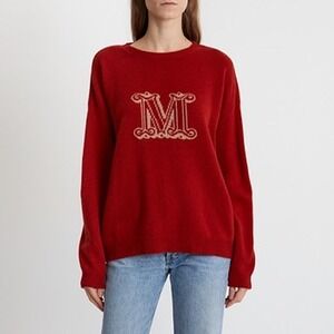 100% Cashmere Crew Neck Pullover Red M Logo Intarsia Women Old Money Christmas‎